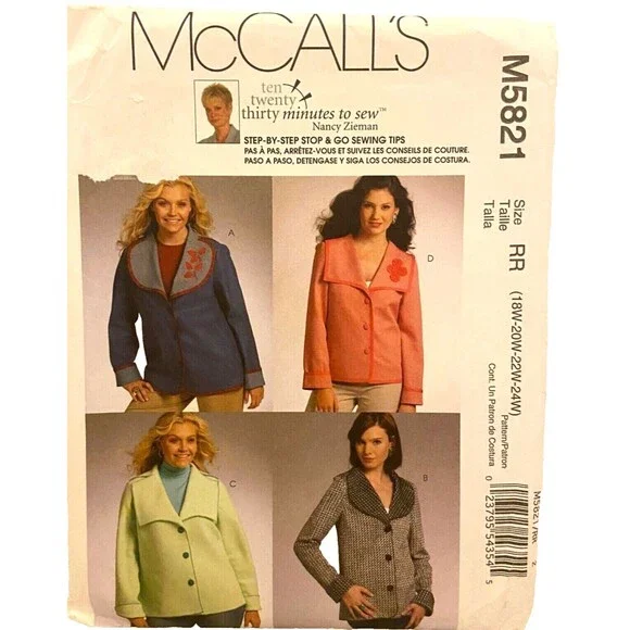 #M5821 McCalls Misses and Womens Jackets Sewing Pattern Size 18W-24W