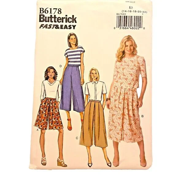 #B6178 Butterick Misses Culottes Sewing Pattern Size 14-22