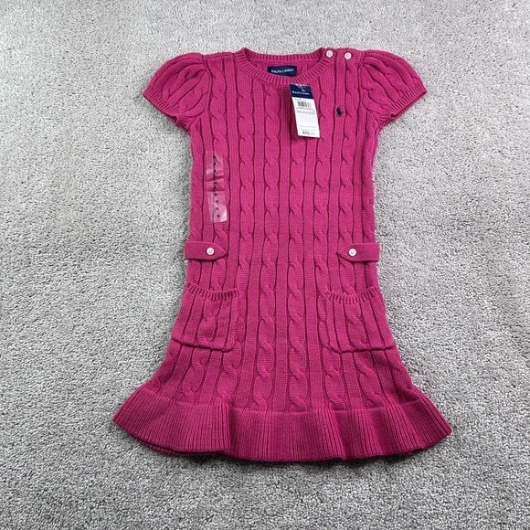 NEW Ralph Lauren Dress Girls Size 6 Pink Cable Knit Short Sleeve Ruffle Hem Prep