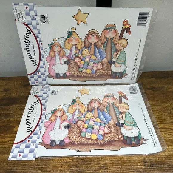 Vintage Ragamuffins Away in a Manger Nativity Iron-On Transfers 1995 Mary‎ Gould
