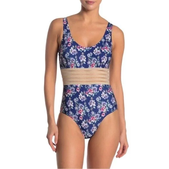 Nicole Miller Navy Floral Shimmer-Band One-Piece Swimsuit Women’s Size Large