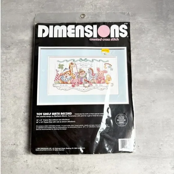 New Sealed Dimensions Counted Cross Stitch Kit 1992 Toy Shelf Birth Record 3729