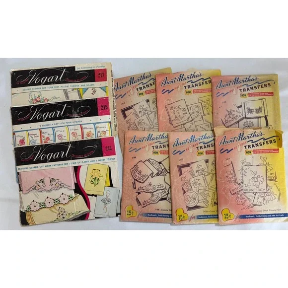 Vintage Lot of 9 Embroidery Transfer Vogart Aunt Martha's Hot Iron Patterns