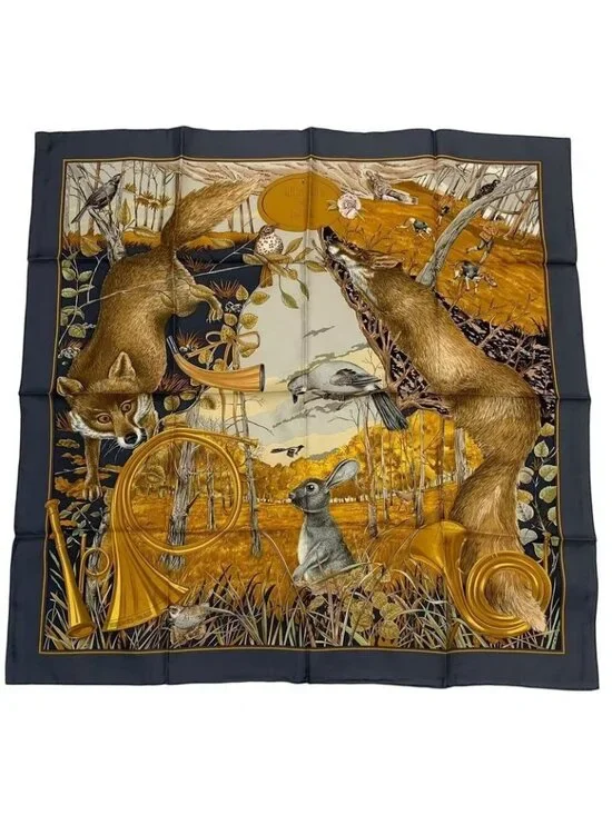 Hermes Scarf Silk Carre 90 Chasse Au BOIS Forest Hunting Gray
