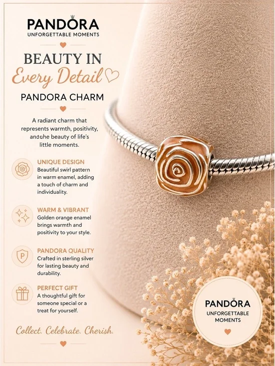 Pandora Golden Orange Enamel Rose Charm Sterling Silver