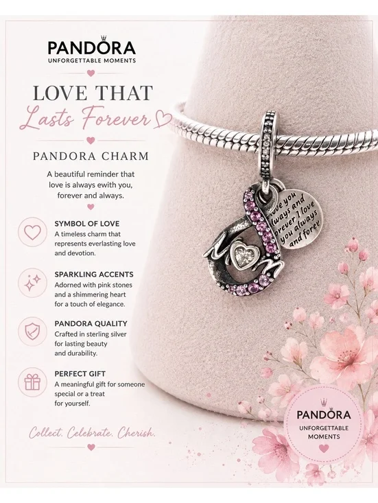 Pandora Love That Lasts Forever Charm with Pink Stones and Heart Pendant