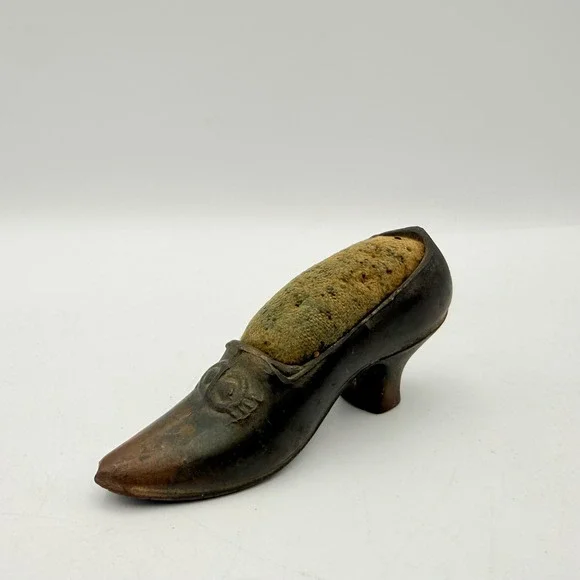 Antique Victorian Cast Metal Shoe Pin Cushion Miniature High Heel Sewing Tool