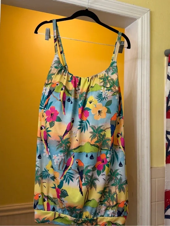 Lane Bryant Tropical Parrot Print swim blouson top in Blue, Yellow, Pink an