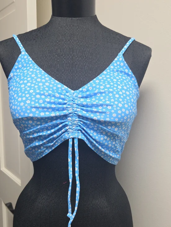 Blue Floral Ruched Drawstring Swimsuit Crop Top