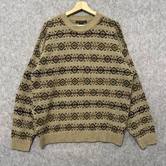 Vintage GEOFFREY BEENE Mens XL Geometric Pattern Crewneck Sweater‎ Tan Brown