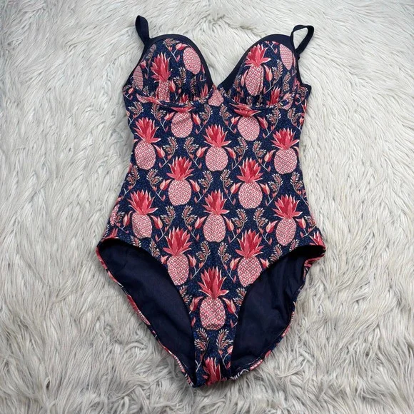 Boden Women's 34DD Navy Pink Pineapple Print One Piece Swimsuit Classic Resort