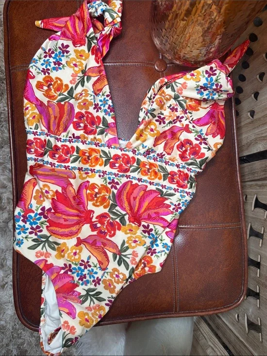 FARM Rio Floral Tie-Shoulder One-Piece - Pink, Orange & White