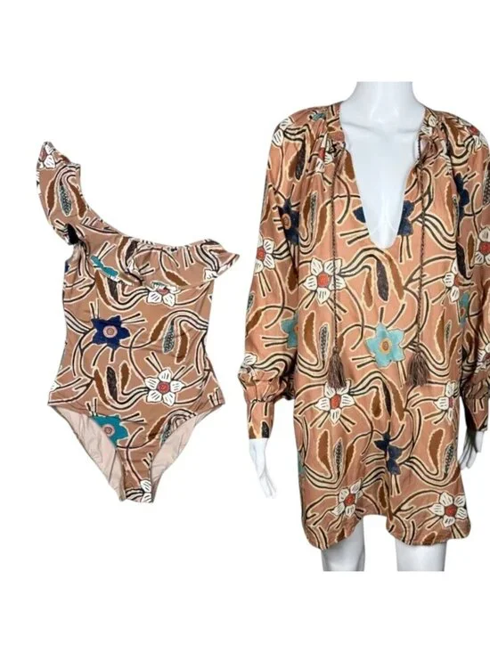 Ulla Johnson Martina Maillot Swimsuit + Biarritz Floral Print Tunic Small Set
