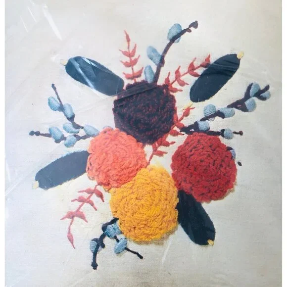 Vintage MCM Crown Arts Creative Crewel Pillow Kit 14x14‎ Fall Melody Floral New