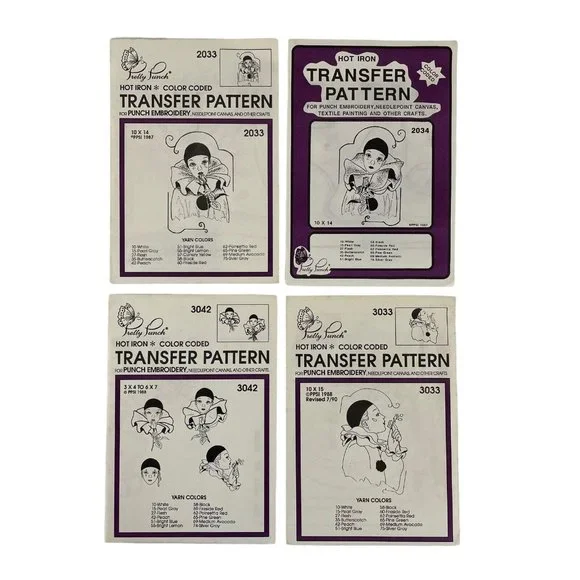 Pretty Punch Hot Iron Transfer Pattern‎ For Punch Embroidery Harlequin Clown Lot