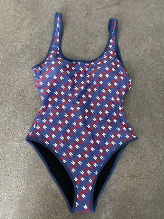 The Upside Blue Swimsuit with Red & White Geometric Print