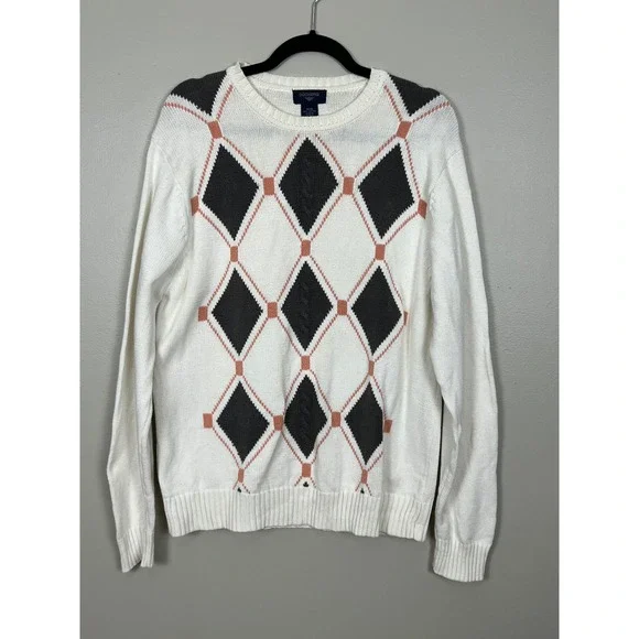 Dockers Mens Argyle Crewneck Sweater Cream White Cotton Knit‎ Medium