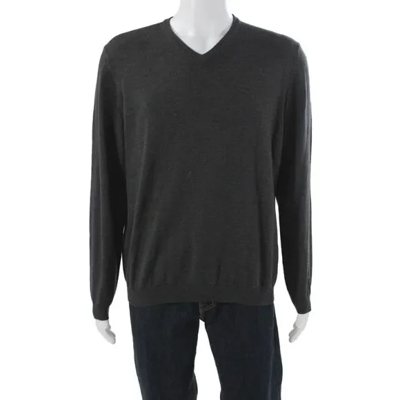 Brooks Brothers Mens V-Neck Extra Fine Italian Merino Wool Sweater Gray Size L