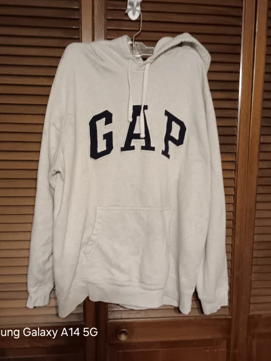 GAP Men's Cream Crewneck Hoodie with Navy Lettering