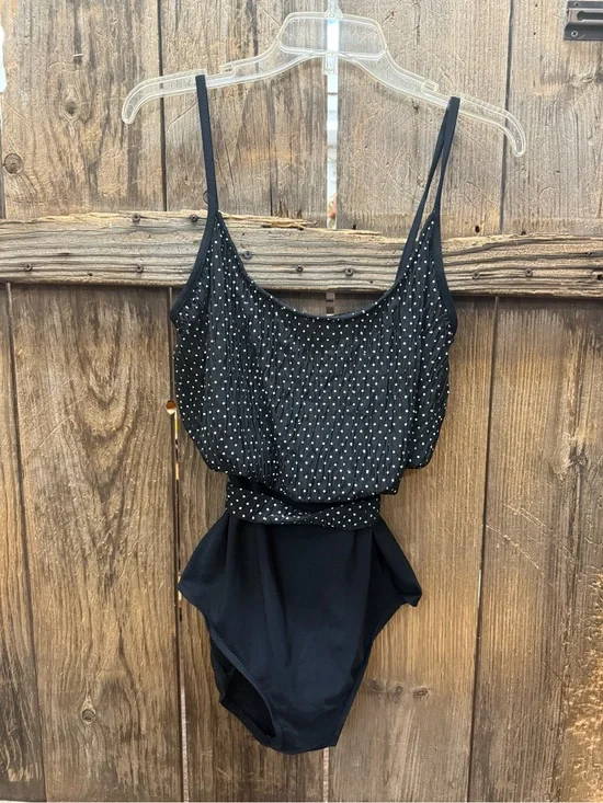 Black Polka Blouson One-Piece Swimsuit with Adjustable Straps
