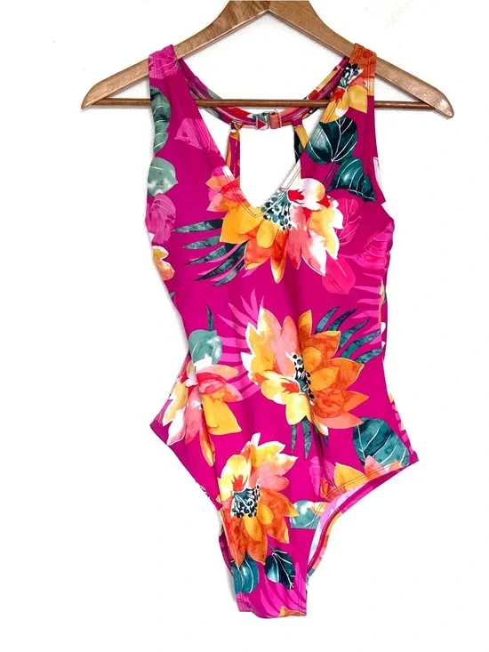 Kona Sol Swimsuit Women’s Large Floral Build In Bra One Piece Bathing Suit