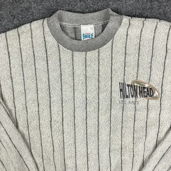 Carolina Smile Sweatshirt Mens Size L Gray‎ Hilton Head USA Striped Vintage Crew