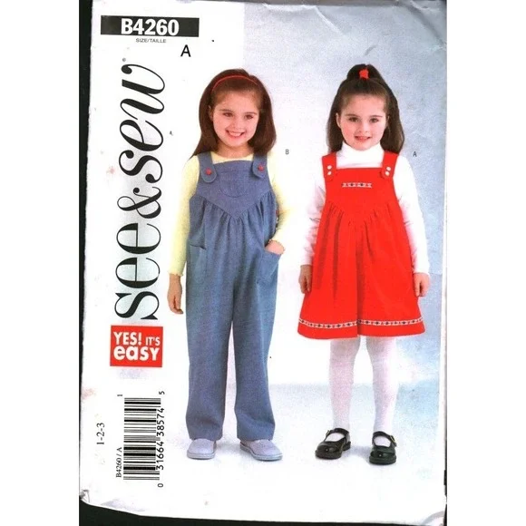 See & Sew B4260 Butterick Kids Jumper Jumpsuit Sewing Pattern Sizes‎ 1-2-3 Easy