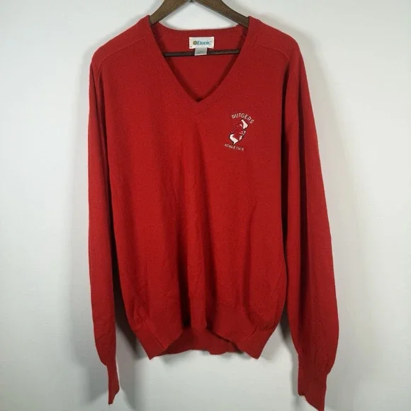 Rutgers Athletics V-Neck Sweater‎ Knit Red College Logo Size XL Etonic