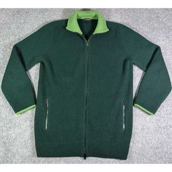 MANRICO 100% Cashmere Mens Large Green Full Zip Ribbed Sweater Jacket Italy Made