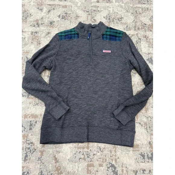 Vineyard Vines Mens Small Gray Plaid Shoulder Patch Quarter Zip Pullover Sweater
