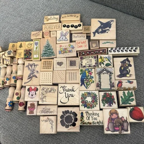 60+ Large Lot Vintage Rubber Wooden Stamps Seasons Words DOTS Sky Kids & More