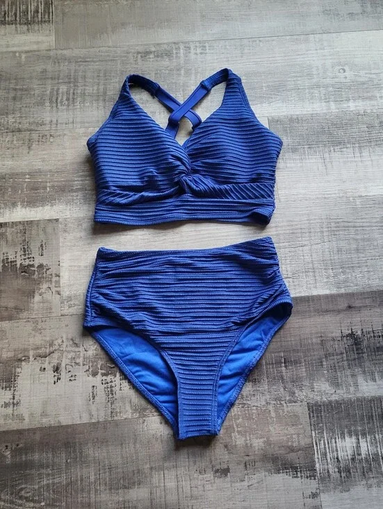 Two Piece Bikini Set Swimsuit Top & Bottom Size M NWOT Blue Textured High Waist