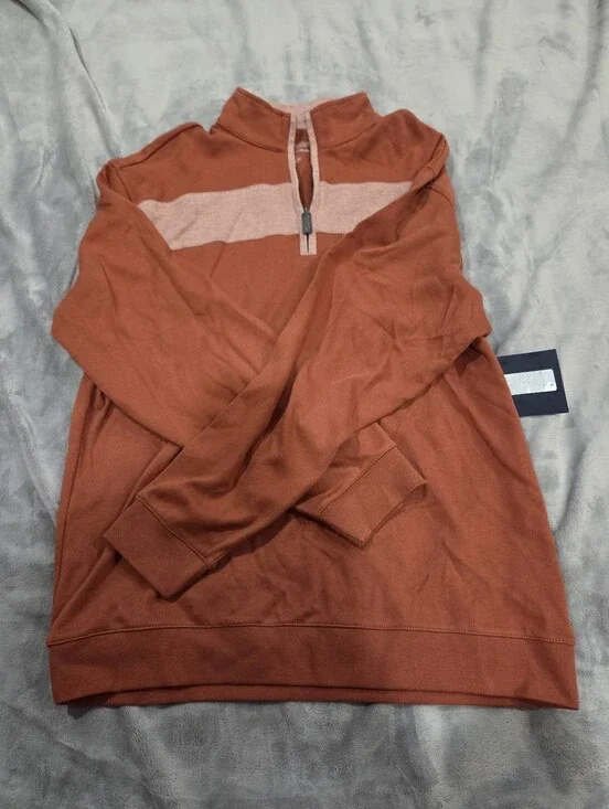 Roundtree & Yorke Rust Zip-Up Sweater with Chest Stripe