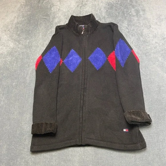 Vintage Tommy Hilfiger Sweater Mens S Black Diamond Mock Neck Knitted Full Zip