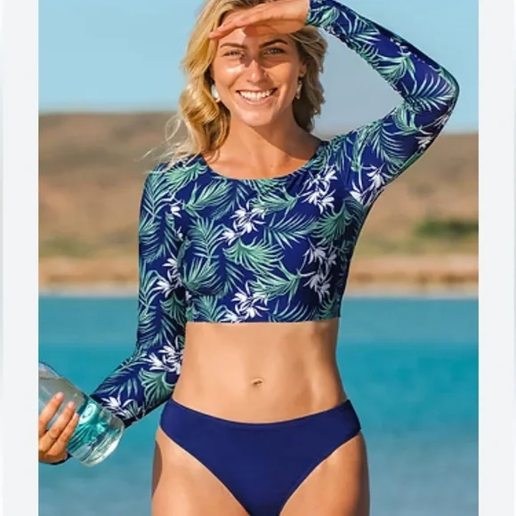 Cupshe Kaya Blue Tropical Crisscross Back Long Sleeve Bikini Women's Size NWT