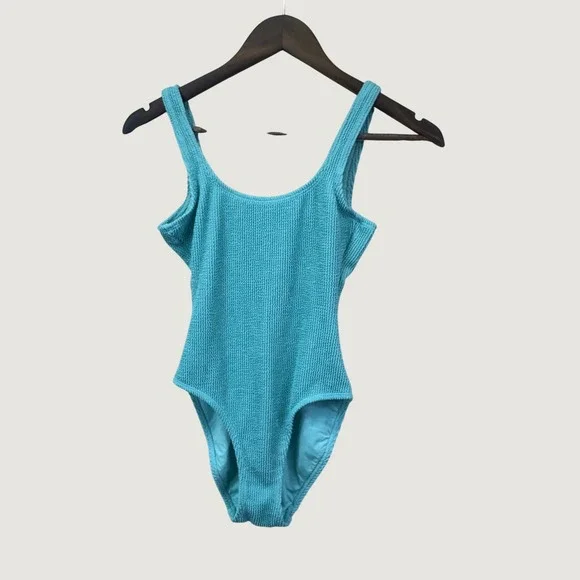 Good American One Piece Swimsuit Womens XXS XS Blue Textured Crinkle Scoop Neck