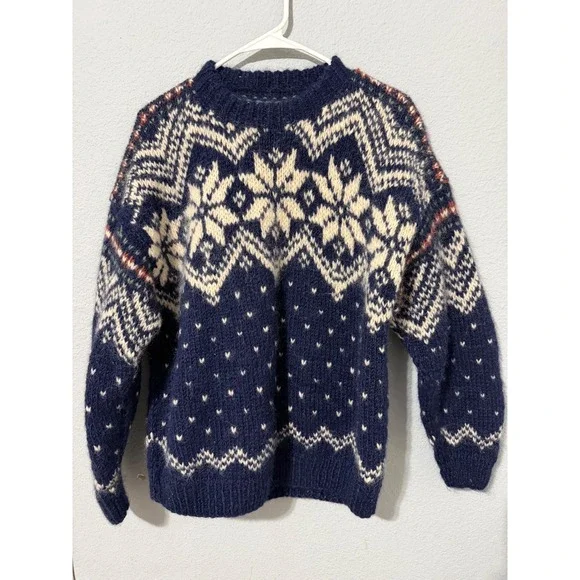Vintage 80s Alpaca Imports Men's Sweater M Wool Hand Knit Fair Isle Snowflake