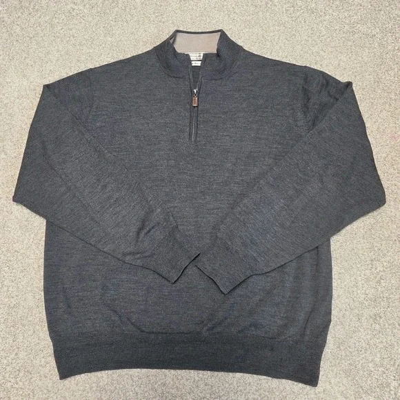 Peter Millar Mens L 100% Merino Wool Quarter Zip Sweater Gray Pullover Preppy