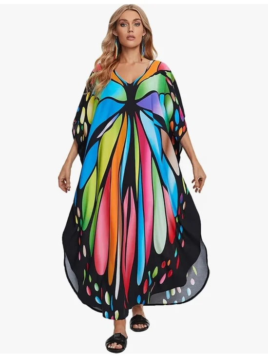 Colorful Butterfly Caftan Maxi Swim Cover Up One Size M–2XL