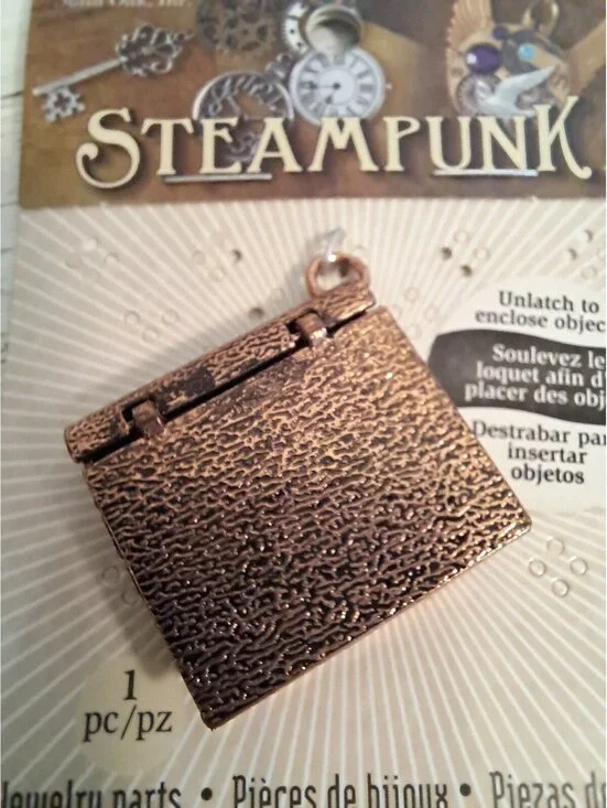 Steampunk Book Locket Charm Copper Vintage DIY Distressed Jewelry Textured Craft
