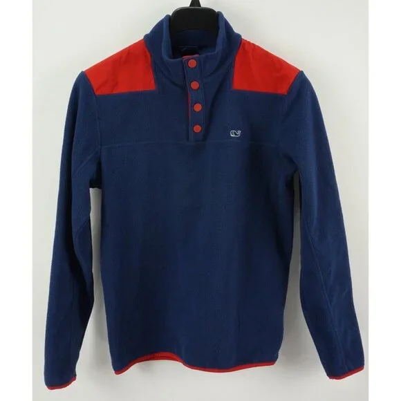 Vineyard Vines Mens Small Blue Red Colorblock Fleece Snap Pullover Whale Sweater