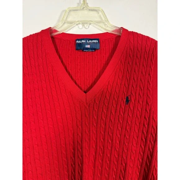 Ralph Lauren Polo Sport Mens Red Cable Knit V-Neck Sweater Vest Size L Vintage