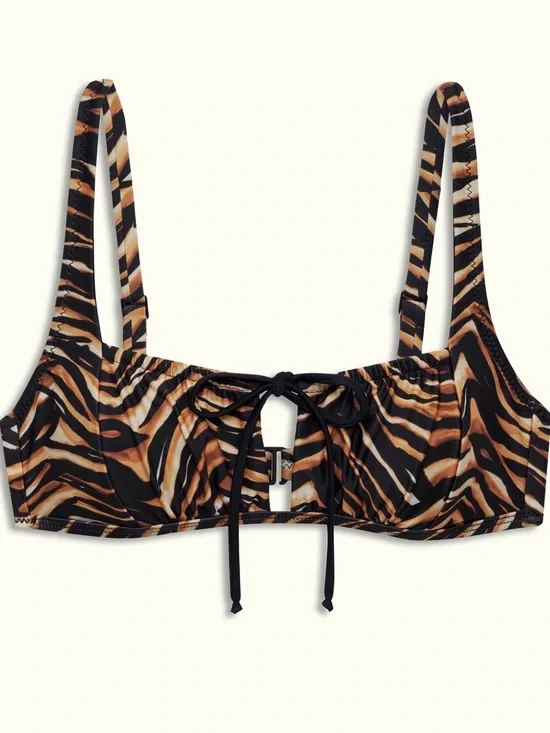 Alamar Tiger-Print Tie Front Bikini Top - Black & Brown