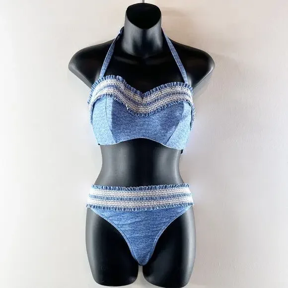 Figleaves Halter Two Piece Bikini Swimsuit Set Blue 14 / 38D
