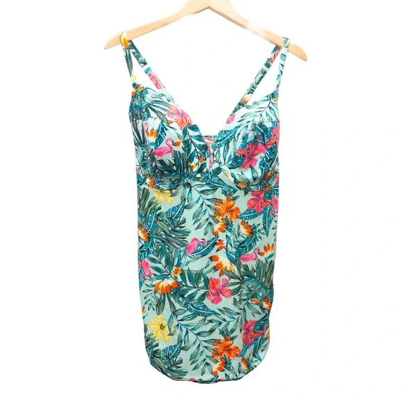 Swim by Cacique Tankini Women 40DDD Mint Tropical Flamingo NEW Underwire Ruched