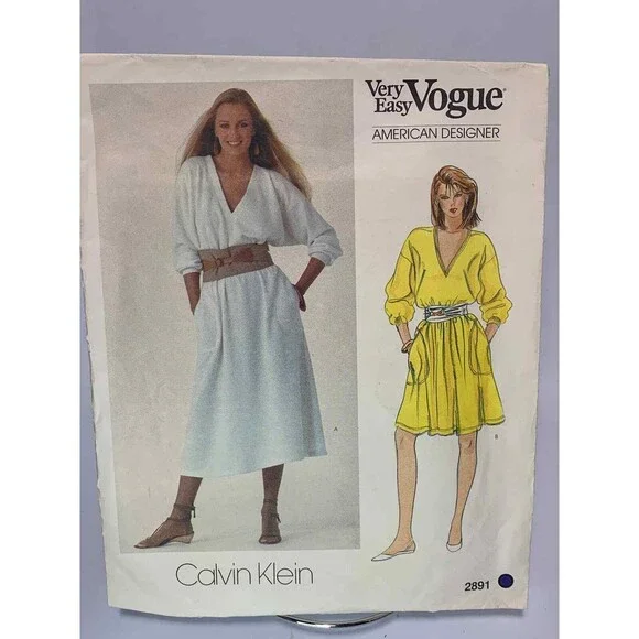 Dress Size 6 CUT Pattern 2891 Vtg 80s Calvin Klein A-Line V-Neck Pockets Loose
