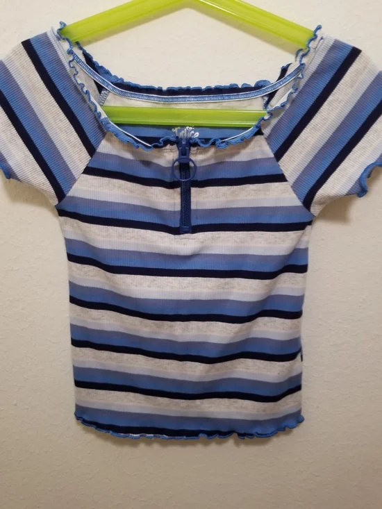 Justice Girl's 8 Blue, Black, & Grayish-White Striped Short Sleeve Zip-Front Tee
