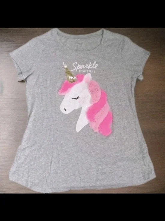 Justice Gray Tee with Pink Unicorn Mane and Gold Sequin Horn