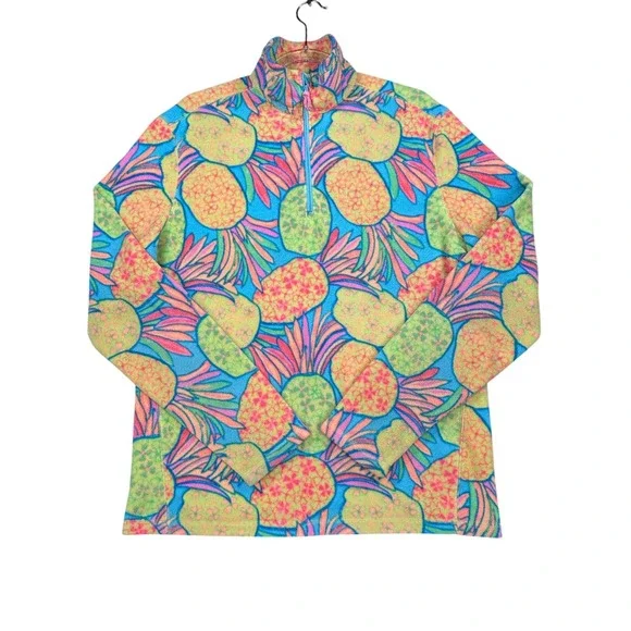 Chubbies Mens Medium Pineapple Print Quarter Zip Fleece Pullover Neon Blue Pink