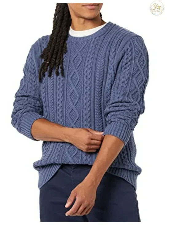 Men's Long-Sleeve 100% Cotton Fisherman Cable Crewneck Sweater
